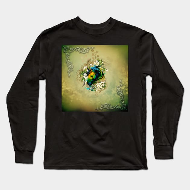 Wonderful colorful horse with flowers Long Sleeve T-Shirt by Nicky2342